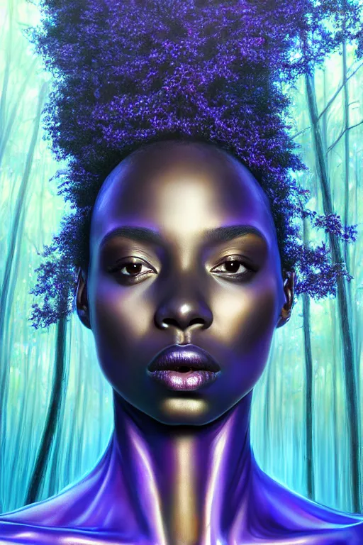 Image similar to hyperrealistic post - raphaelite super expressive! black woman with exoskeleton armor, merging with tree in a forest, highly detailed digital art masterpiece smooth cam de leon eric zener dramatic pearlescent blue purple light ground angle hd 8 k sharp focus