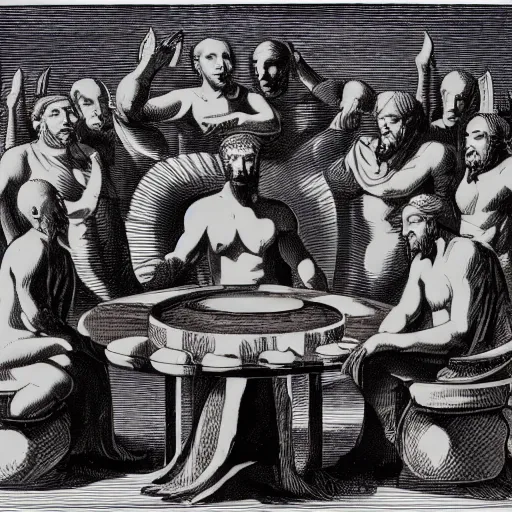 Image similar to 6 Gods seated in high chairs in a semi circle granting a wish to the man standing in front of them at the center of a circle
