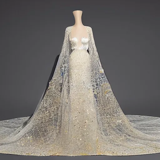 Image similar to a long wedding dress with a train made of flower petals made of light - colored fabric. transparent in places. in places, patterns of precious stones. intricate patterns of gold thin threads. fantasy. clear details