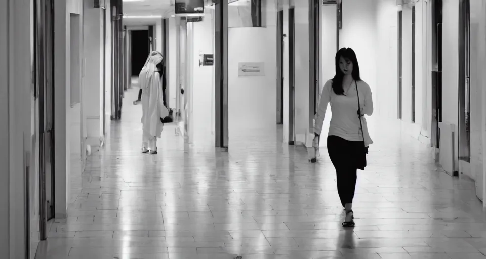 Prompt: A beautiful woman in white is walking hallway at night , view from front.