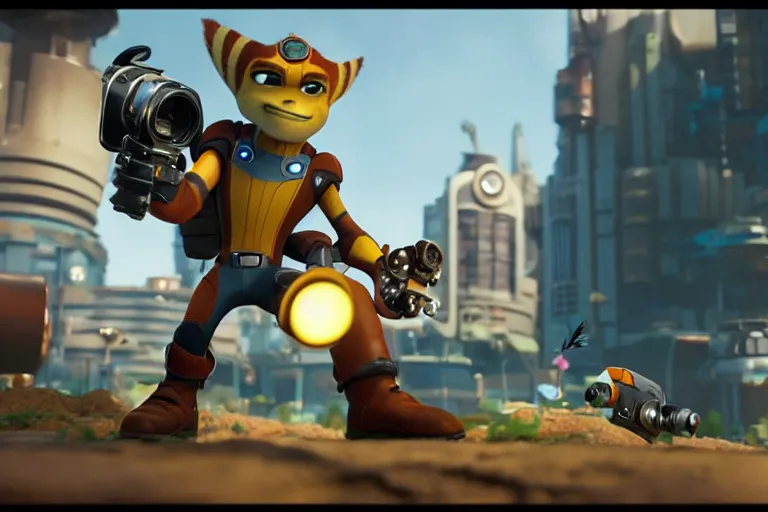 Image similar to vfx movie closeup, real life ratchet and clank by emmanuel lubezki