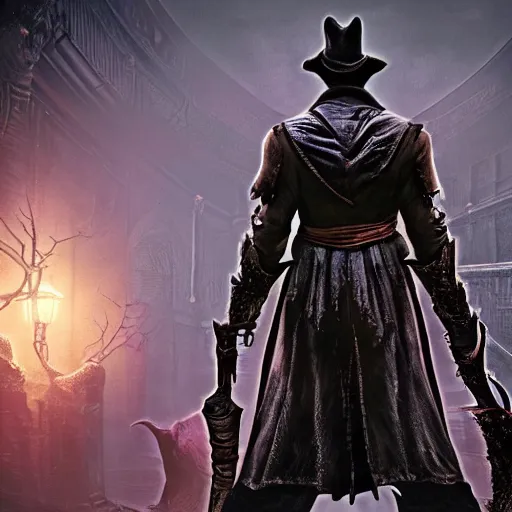 Image similar to an ultra detailed 3 d illustration of the hunter from bloodborne dressed as darkwing duck, let's get dangerous, in the style animation of darkwing duck, digital art, dark fantasy, concept art, soulslike, by alphonse mucha, blood moon eclipse, ominous night mist, unreal engine, octane render, artstation, 8 k