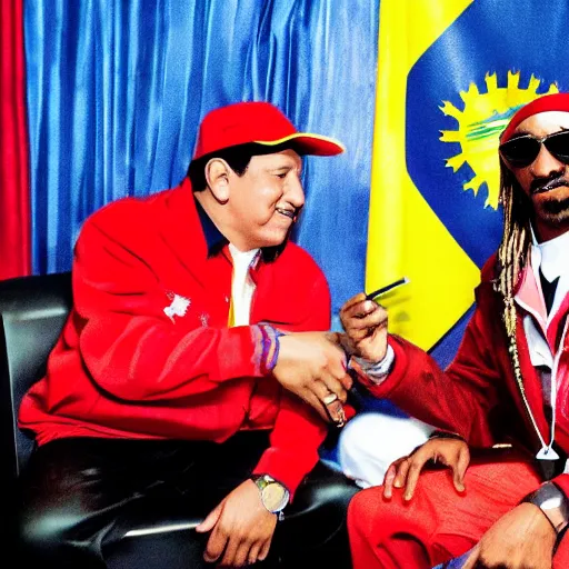 Image similar to hugo chavez smoking with snoop dog in a party inside a private jet, realistic render, award winning photography, very coherent, many details, venezuelan flag, detailed faces