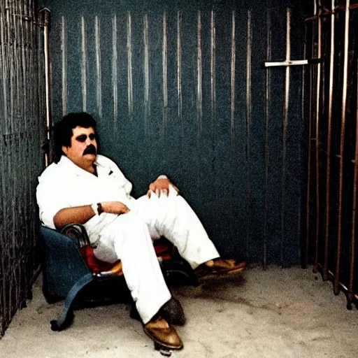 Image similar to Pablo Escobar sitting in expensive and decorated prison cell