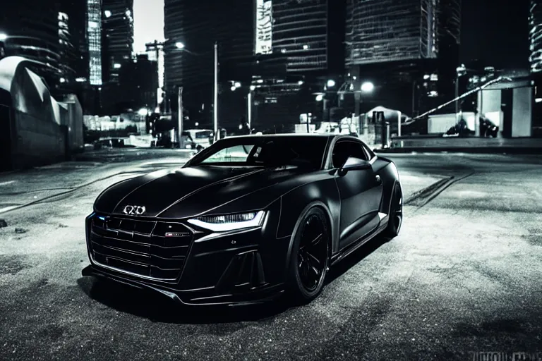 Image similar to widebody all black audi camaro b 9 ( 2 0 2 0 ), need for speed : carbon, at night, sci - fi, neon lines, phonk music background, smoke behind wheels, noise, dark, establishing shot, by simon stalenhag