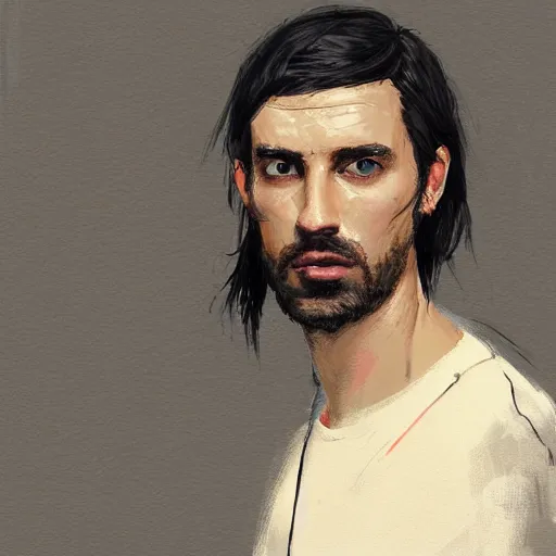 Prompt: portrait of a man by greg rutkowski, he is about 3 0 years old, short black hair with bangs, his features are a mix between french, turkish and russian, very tall and slender, he is wearing a beige and black utility jumpsuit, highly detailed portrait, digital painting, artstation, concept art, smooth, sharp foccus ilustration, artstation hq
