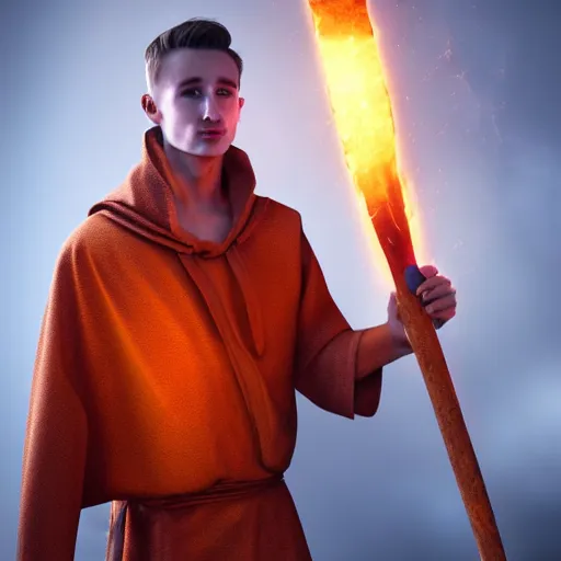 Prompt: Jack Laugher wearing a monks tunic holding a glowing fire magical staff. Trending on Artstation, octane render, ultra detailed, art by Ross tran