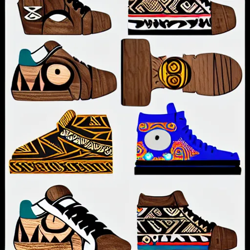 Image similar to sneaker design designed by studio ghibli, aztec mayan street fashion native punk sneaker design, majora's mask, wearing wooden mask, hip hop sneaker design with subtle mayan patterns, gapmoe yandere grimdark, trending on pixiv fanbox, painted by greg rutkowski makoto shinkai takashi takeuchi studio ghibli, akihiko yoshida