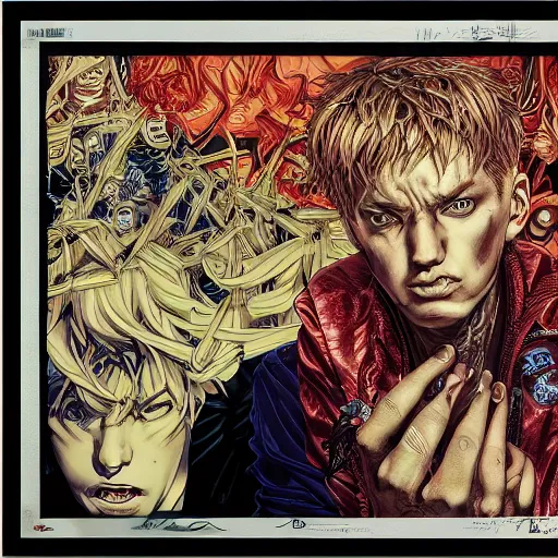 Image similar to portrait of crazy eminem singer, symmetrical, by yoichi hatakenaka, masamune shirow, josan gonzales and dan mumford, ayami kojima, takato yamamoto, barclay shaw, karol bak, yukito kishiro