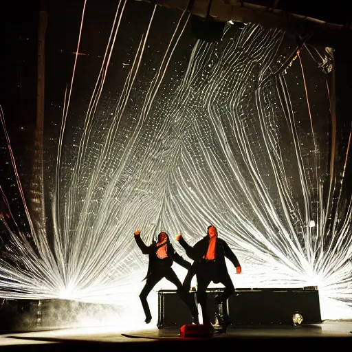 Image similar to Jumping Beetlejuice smashing computers, group of people on stage playing instruments, elaborate stage effects, dust, smoke, giant LED screens, colored projections, ultrafine detail, cybersuit, glowing thin wires, smoke, high contrast, projections, holography, volumetric lighting, cinematography by Jim Jarmusch