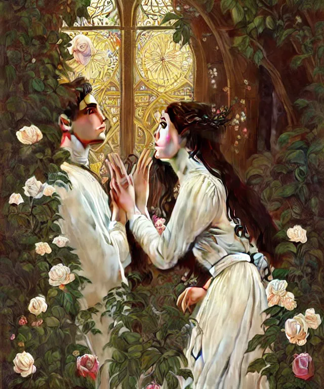 Prompt: two beautiful young catholic priests are in love in the church garden of roses, portrait, intricate, elegant, highly detailed, 20mm film, smooth, sharp focus, art by artgerm and greg rutkowski and alphonse mucha