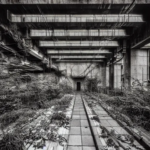 Image similar to scifi brutalist industrial complex, overgrown, photograpgy