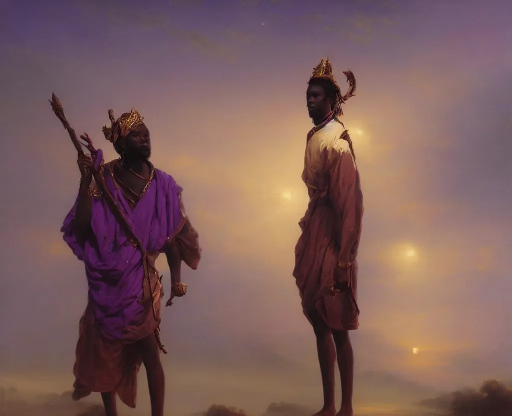 Image similar to stunning african god in minimal ritual garb, posing against a royal purple backdrop by ivan aivazovsky, wlop, oil painting, beautiful soft lighting, muted colours, artstation