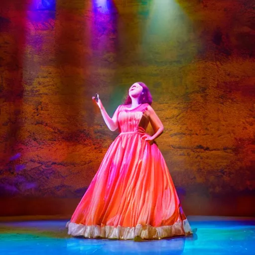 Image similar to beautiful actress singing on a stage of a broadway musical, colorful dress, rural setting, professional photography, theatrical lighting, volumetric lighting