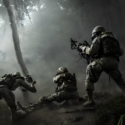 Image similar to Mercenary Special Forces soldiers in light grey uniforms with black armored vest and helmet defending a crashed helicopter in the jungles of Tanoa, combat photography by Feng Zhu, highly detailed, excellent composition, cinematic concept art, dramatic lighting, trending on ArtStation