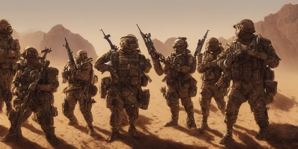 Image similar to highly detailed image of a tactical squad of hamsters holding rifles, in a desert, stephen bliss, unreal engine, fantasy art by greg rutkowski, global illumination, detailed and intricate environment