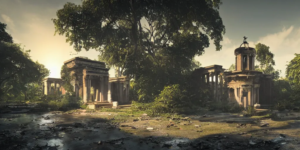 Image similar to abandoned temple of illuminati by le corbusier, empty streetscapes, surrounded by lush green vegetation, ground-level view, puddles of water, stunning volumetric lighting, sunset, trending on Artstation, 8k, photorealistic, hyper detailed, unreal engine 5, cinematic, epic lighting, cryengine, octane render, cyberpunk, red and orange glow, dark, gloomy