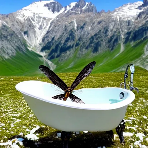 Prompt: dragonfly in a bathtub in the alps, goats!!! in background