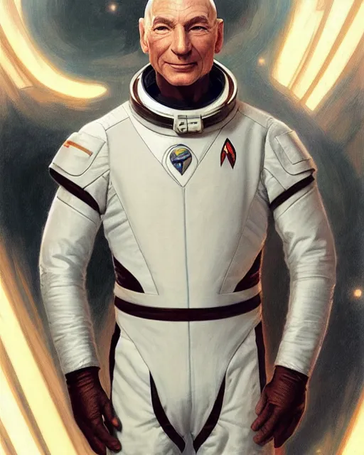 Image similar to Portrait of Jean Luc Picard in a space suit, real life skin, intricate, elegant, highly detailed, artstation, concept art, smooth, sharp focus, art by artgerm and greg rutkowski and alphonse mucha