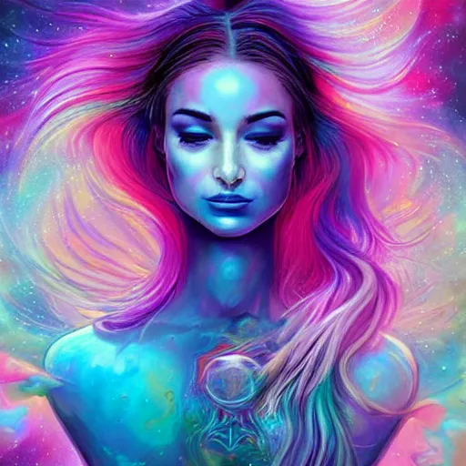 Image similar to a galaxy pink purple and blue colored psychedelic chakra awakening kundalini ethereal portrait of kim petras with her eyes closed transcending to a higher plane of existence, eternal blessing, multiverse, by android jones, by ben ridgeway, visionary art, by artgerm, featured on artstation, cgsociety, by greg rutkowski