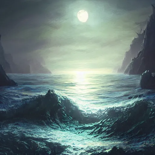 Prompt: a digital painting of cthulu emerging from the sea in the distance, silhuette, back lighting, dramatic scene, detailed, night time, full moon, in the style of greg rutkowski