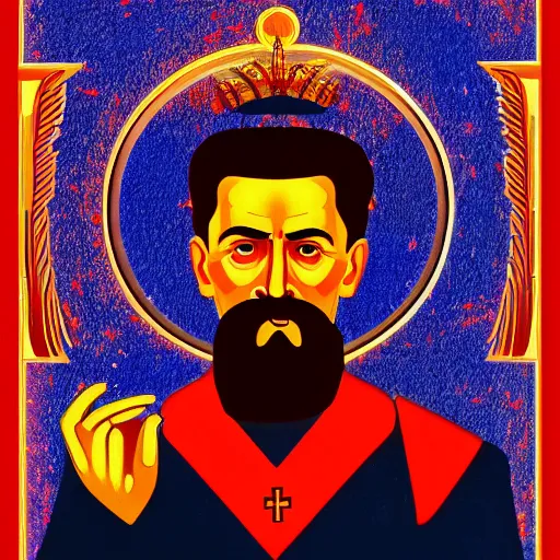 Image similar to the icon of stalin, with halo of fire, scary orthodox icon in hellish style, scary color art in 4 k