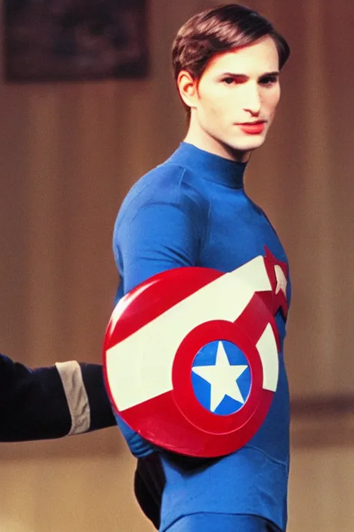 Prompt: Young Steve Jobs as Captain America holding a bitten apple