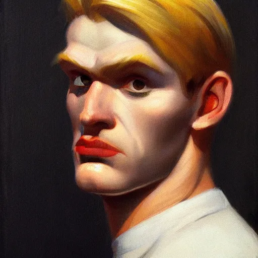 Prompt: a realistic portrait of a blonde man, chiseled jawline, big lips, 1 2 0 0 bc, edward hopper, trending on artstation