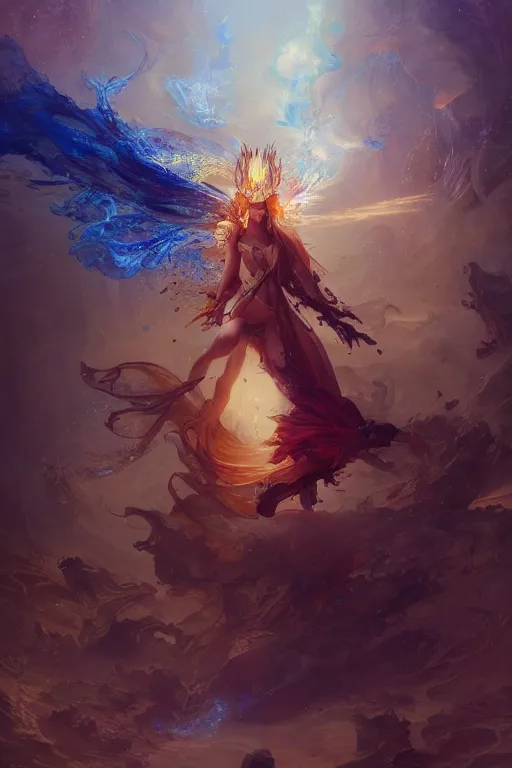 Prompt: etheral godess surounded by firebirds in intricate detailed color smashing fluid oilpaint, 3 d render, hyper realistic detailed, color leaves, ruan jia, wlop. scifi, fantasy, hyper detailed, octane render, concept art, intense colors by peter mohrbacher, by wlop, by ruan jia, by alphonse mucha