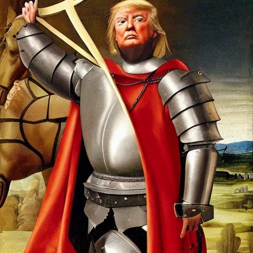 Image similar to donald trump wearing medieval armor holding a sword, renaissance painting