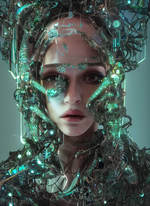 Image similar to beautiful female robot covered by plants and crystals in the mystical forest, beautiful symmetrical face, chrome parts, opal crystals, renaissance style, cyber punk, sci - fi, filigree jewellery, baroque, cinematic light, mystical shadows, 8 k, octane render