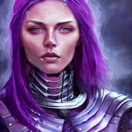 Image similar to extreme close up portrait of a beautiful woman in mechanical amethyst armor, female, flowing purple hair tied in pleats, intense stare, stoic, concept art, intricate detail, volumetric shadows and lighting, realistic oil painting magic the gathering style, destiny, sci - fi,