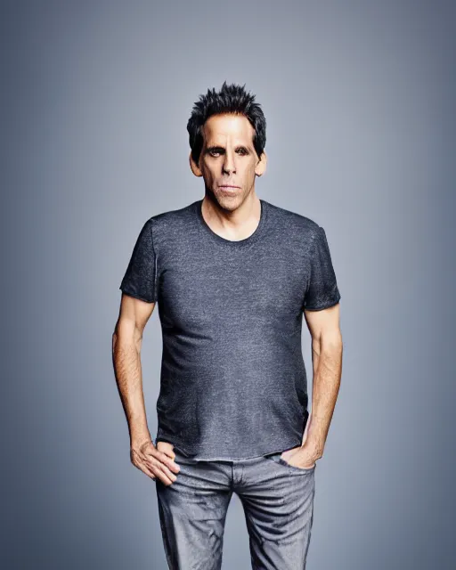 Prompt: Fully-clothed full-body portrait of Ben Stiller as a model, XF IQ4, 50mm, F1.4, studio lighting, professional, 8K