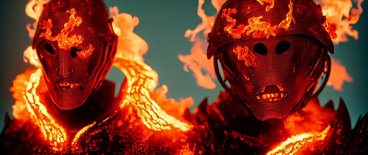 Prompt: hyperrealist highly detailed english medieval portrait of high fashion monster wearing flame fire smoke flame armor, radiating atomic neon corals, concept art pascal blanche dramatic studio lighting 8k wide angle shallow depth of field