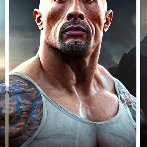 Image similar to hyperrealistic mixed media high Resolution Dwayne Johnson, stunning 3d render inspired art by Jamie Salmon and István Sándorfi and Unreal Engine and Greg Rutkowski, perfect facial symmetry, dim volumetric lighting, 8k octane beautifully detailed render, full body shot, post-processing, extremely hyper-detailed, intricate, epic composition, highly detailed attributes, highly detailed atmosphere, cinematic lighting, masterpiece, trending on artstation, very very detailed, masterpiece, stunning, flawless completion, lifelike texture, perfection,