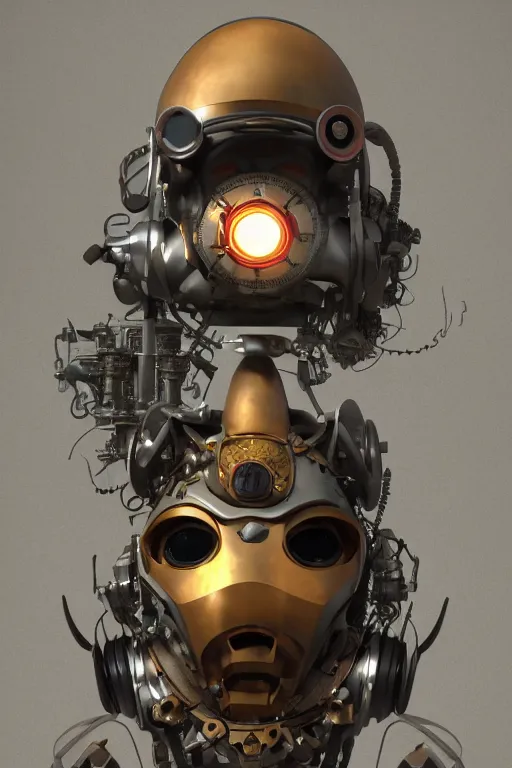 Image similar to steampunk mask minimalist fantasy art robot ninja helmet, global illumination ray tracing hdr fanart arstation by sung choi and eric pfeiffer and gabriel garza and casper konefal radiating a glowing aura