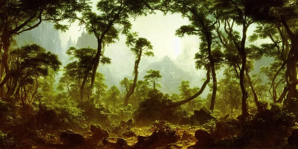 Prompt: landscape image of an extremely alien jungle planet, by Albert Bierstadt