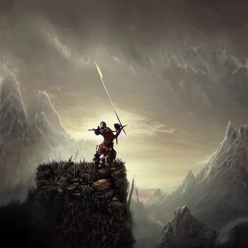 Image similar to lonely ork warrior struck by an arrow in the shoulder, bleeding, tired, desolated mountains in the distance, cloudy and atmospheric with a touch of sunlight coming through, realistic, tolkien world