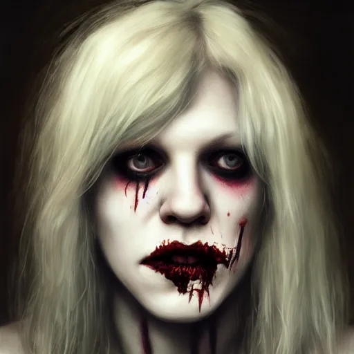 Image similar to portrait of young courtney love as a zombie with platinum blonde fluffy hair, 7 days to die zombie, gritty background, fine art, award winning, intricate, elegant, sharp focus, cinematic lighting, digital painting, 8 k concept art, art by michael hussar, art by brom, art by guweiz and z. w. gu, 8 k