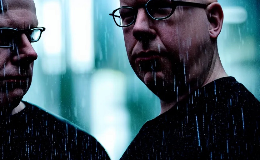 Image similar to cinestill 5 0 d candid photographic portrait by david cronenberg of black francis, modern cyberpunk moody emotional cinematic, closeup, pouring rain menacing lights shadows, 8 k, hd, high resolution, 3 5 mm, f / 3 2, ultra realistic faces, ex machina