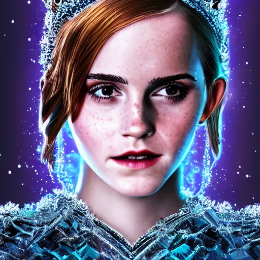 Image similar to portrait shot, emma watson as the queen of ice, ice crystal armor, snow falling, 4 k, digital art, trending on art station, hd, doll, colorful backdrop, film grain, gritty, high res, high detail, 8 k, render