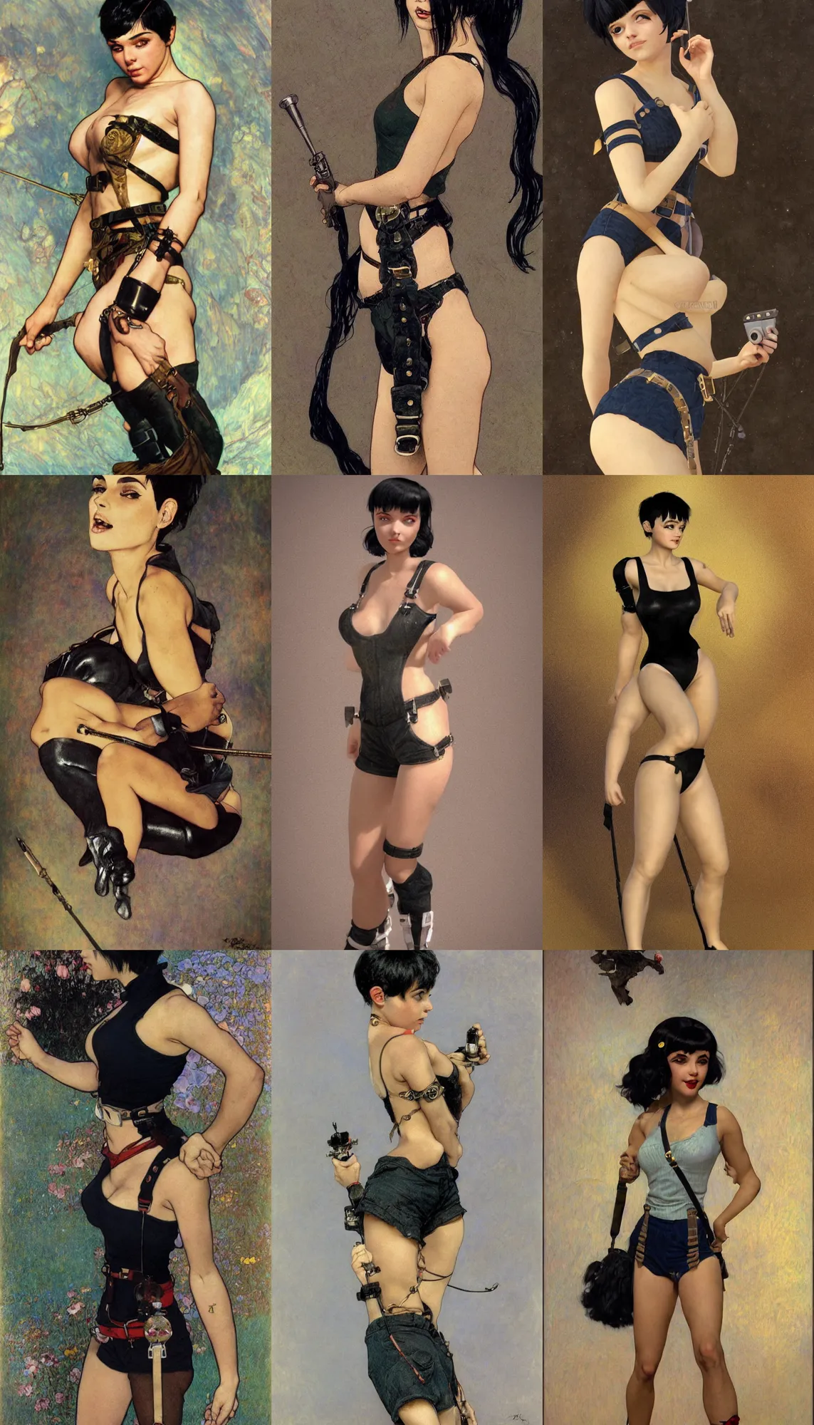 Image similar to a girl with black hair pixie cut in shorts with suspenders drawn by slb, frank frazetta, ralph bakshi, alphonse mucha, gustav klimt 8k, 4k, unreal 5, DAZ, trending on artstation, octane render, hyperrealistic