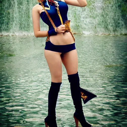 Image similar to fashion photoshoot of a cute girl cosplaying as Nami from One Piece