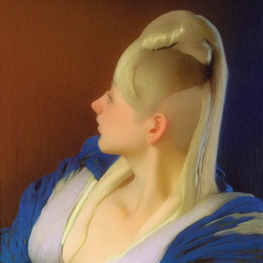 Image similar to a young woman's face, her hair is white and she wears a cobalt blue satin cloak, by ivan aivazovsky and syd mead and moebius and gaston bussiere and roger dean and pieter claesz and paul delaroche and alma tadema and aelbert cuyp and willem claesz, hyperrealistic, volumetric light, octane render