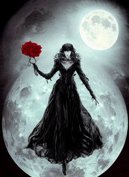 Prompt: portrait, A beautiful dark witch in front of the full big moon, book cover, red roses, red white black colors, establishing shot, extremly high detail, foto realistic, cinematic lighting, pen and ink, intricate line drawings, by Yoshitaka Amano, Ruan Jia, Kentaro Miura, Artgerm, post processed, concept art, artstation, matte painting, style by eddie, raphael lacoste, alex ross