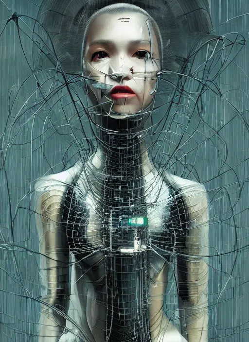 Prompt: portrait of a futuristic geisha cyborg surrounded by wire locked into the matrix, in the style of ghost, by jheronimus bosch and greg rutkowski,