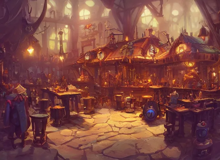 Image similar to A cheerful gnomish steampunk tavern, by Greg Rutkowski and James Gurney, trending on Artstation