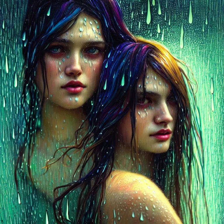 Image similar to bright asthetic portrait LSD glowing backlit rain on face and wet hair, fantasy, intricate, elegant, dramatic lighting, highly detailed, lifelike, photorealistic, digital painting, artstation, illustration, concept art, smooth, sharp focus, art by John Collier and Albert Aublet and Krenz Cushart and Artem Demura and Alphonse Mucha