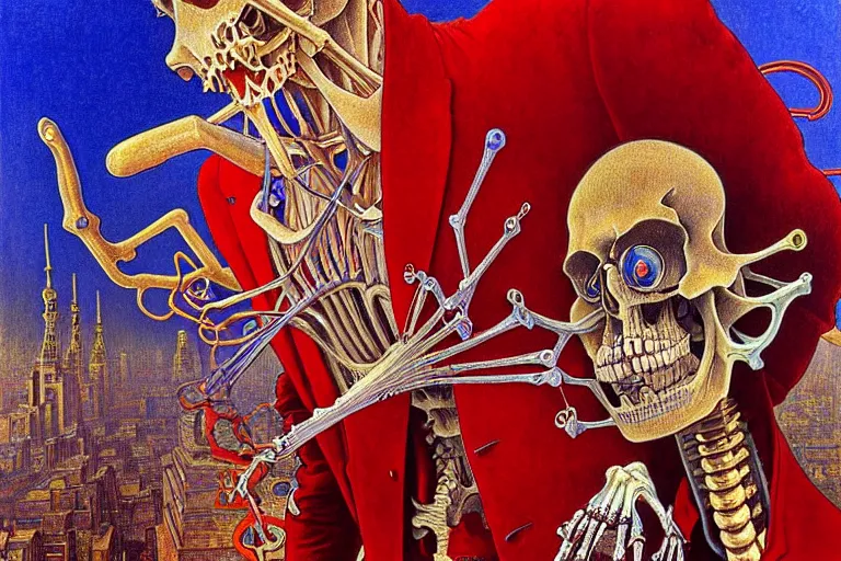 Image similar to realistic detailed closeup portrait painting of a single skeleton wearing red velvet blazer in a crowded futuristic moscow street by Jean Delville, Amano, Yves Tanguy, Alphonse Mucha, Ernst Haeckel, Edward Robert Hughes, Roger Dean, rich moody colours, blue eyes