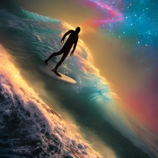 Image similar to photo of a alien surfing a surfboard on a crashing l wave of alien ocean in space, background is an alien galaxy, aliens in the background, alien colors, octane render, unreal engine, wide view, 8 k, high detaild